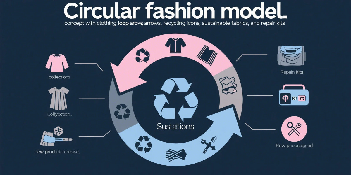 Illustration of circular fashion model with sustainable materials, recycling, repair, and reuse phases