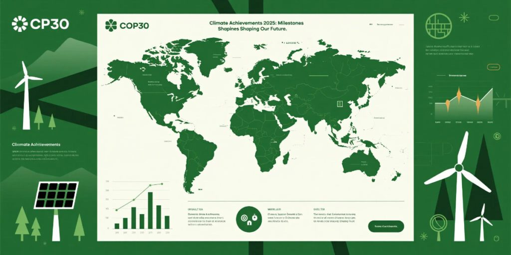 climate achievements 2025 infographic showing temperature, renewable energy, and policy wins”