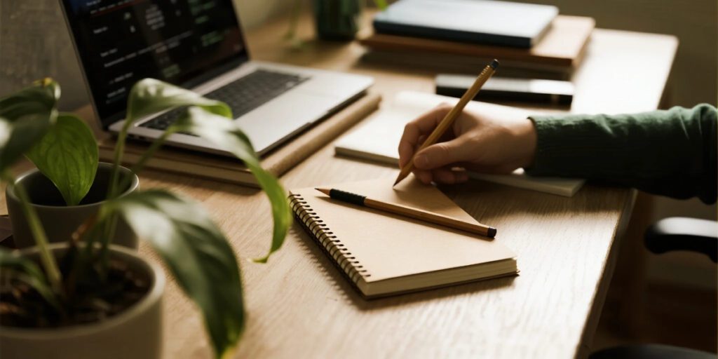 Eco-friendly office supplies in 2025 including recycled paper, biodegradable pens, and digital tools