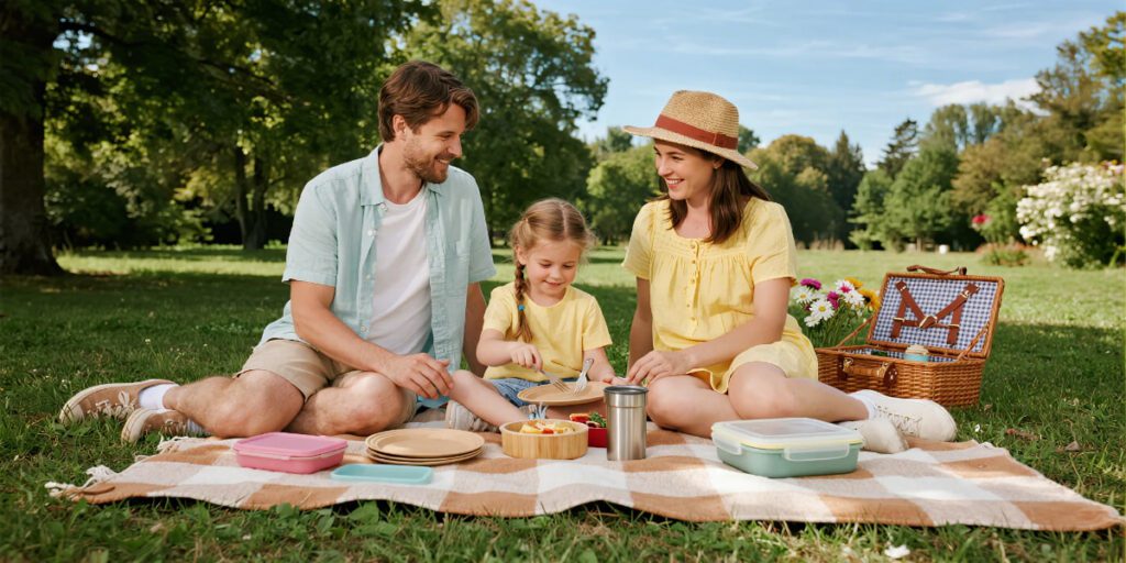 eco-friendly picnic kits in use at a 2025 family outdoor picnic
