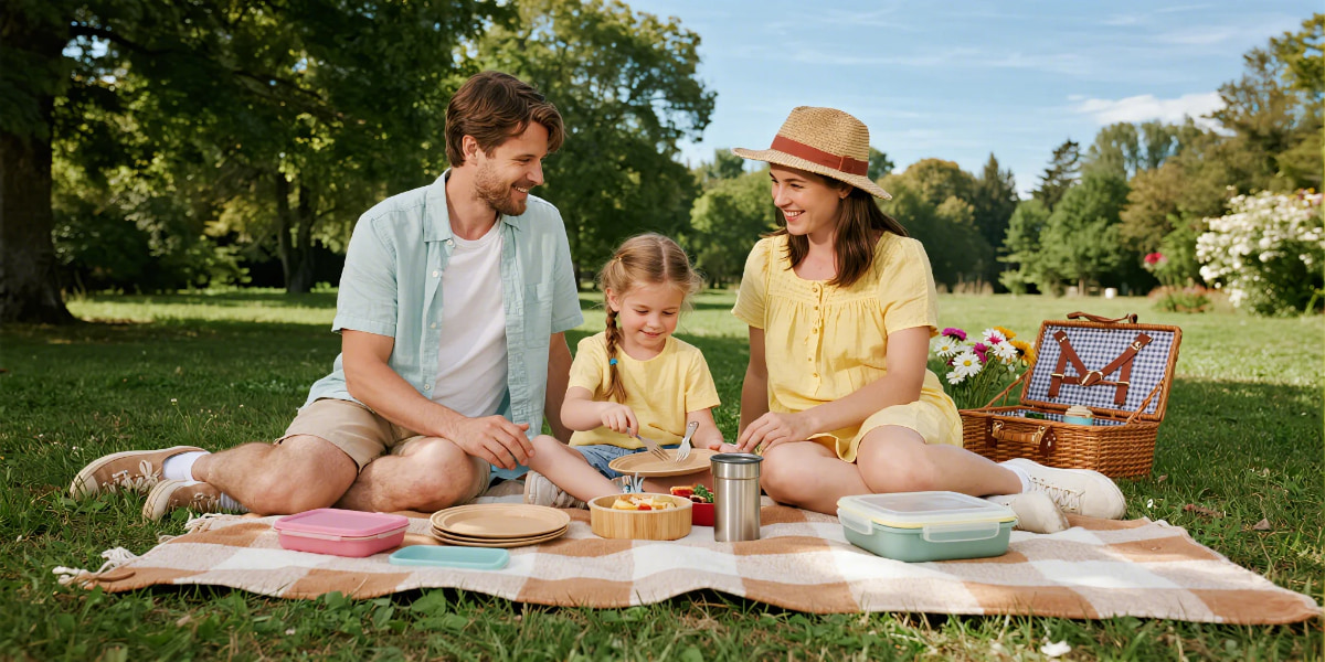 eco-friendly picnic kits in use at a 2025 family outdoor picnic