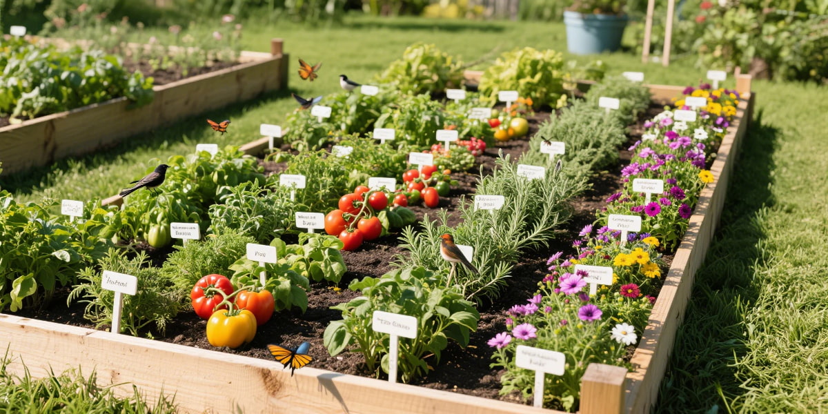 Edible plant pairings of herbs and vegetables in raised garden beds