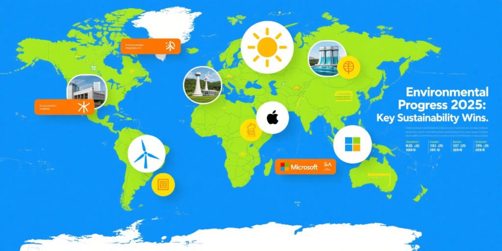 “Environmental progress 2025 banner with renewable energy icons and corporate logos”