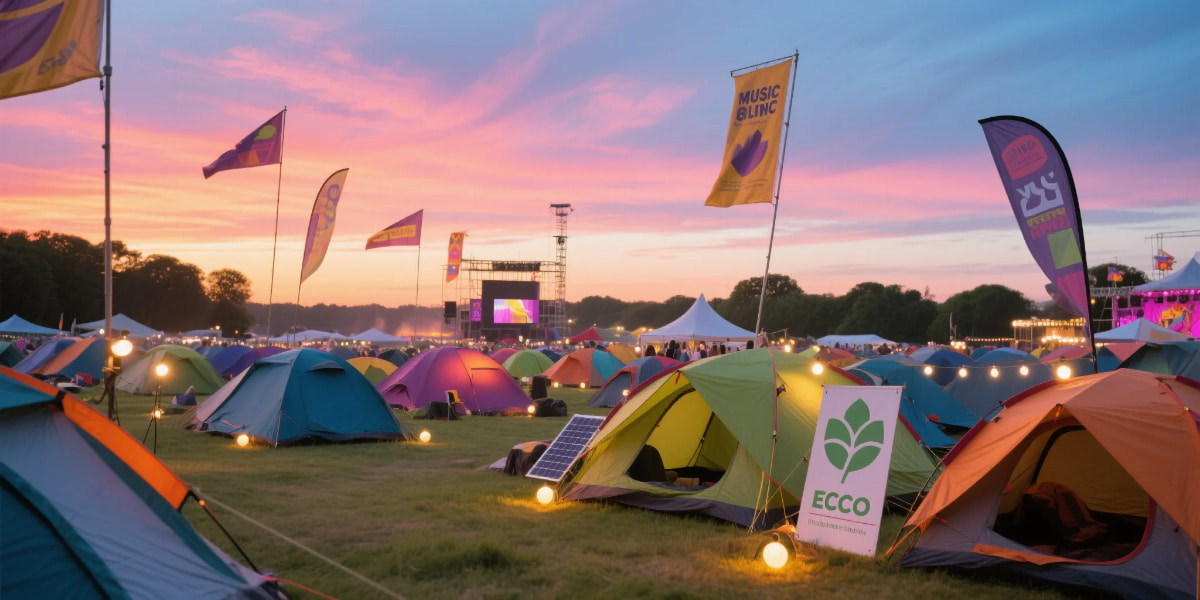 festival gear rental review with colorful eco-camping setup at music event