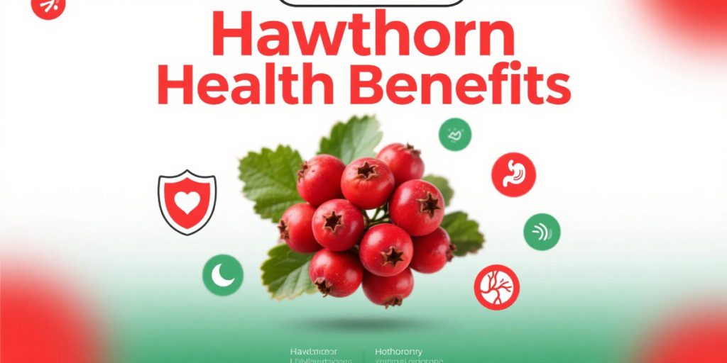 Hawthorn health benefits infographic displaying berries, leaves, and icons for heart support, antioxidants, digestion