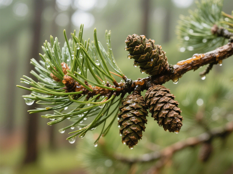 Detailed close-up of pine needles and cones used in natural medicine