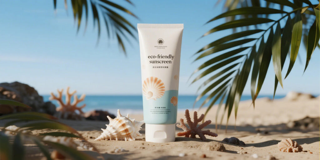 Reef-safe biodegradable sunscreen products with eco-friendly packaging on a beach background.