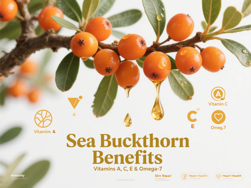 Sea Buckthorn Benefits infographic showing nutritional properties and health uses