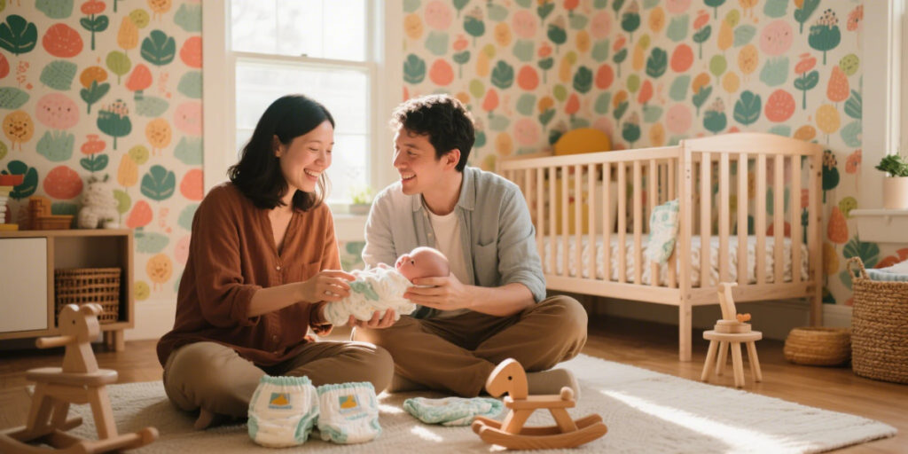 Eco-conscious parents using sustainable baby products on a budget