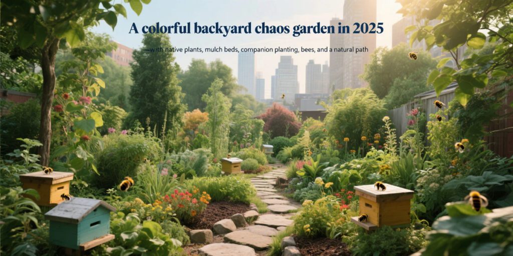 Sustainable chaos gardening in a wildflower-filled backyard with native plants and compost paths