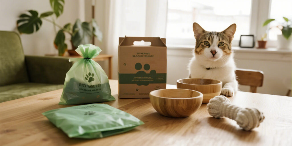 Sustainable pet products for eco‑friendly toys, bowls, and waste bags.”
