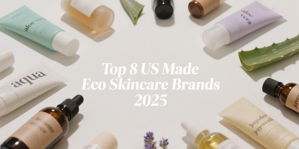 Top 8 US made eco skincare brands with sustainable packaging on a natural background