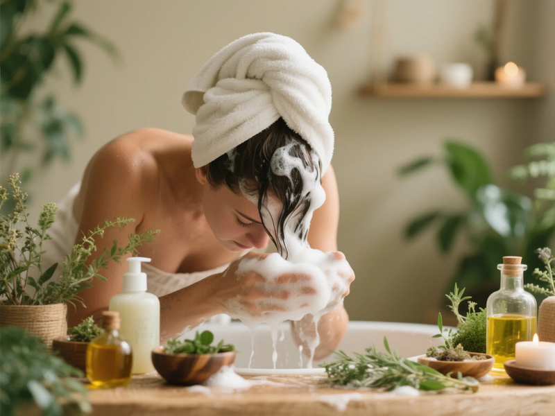 Benefits of organic shampoo and conditioner shown through eco-friendly hair products and natural ingredients