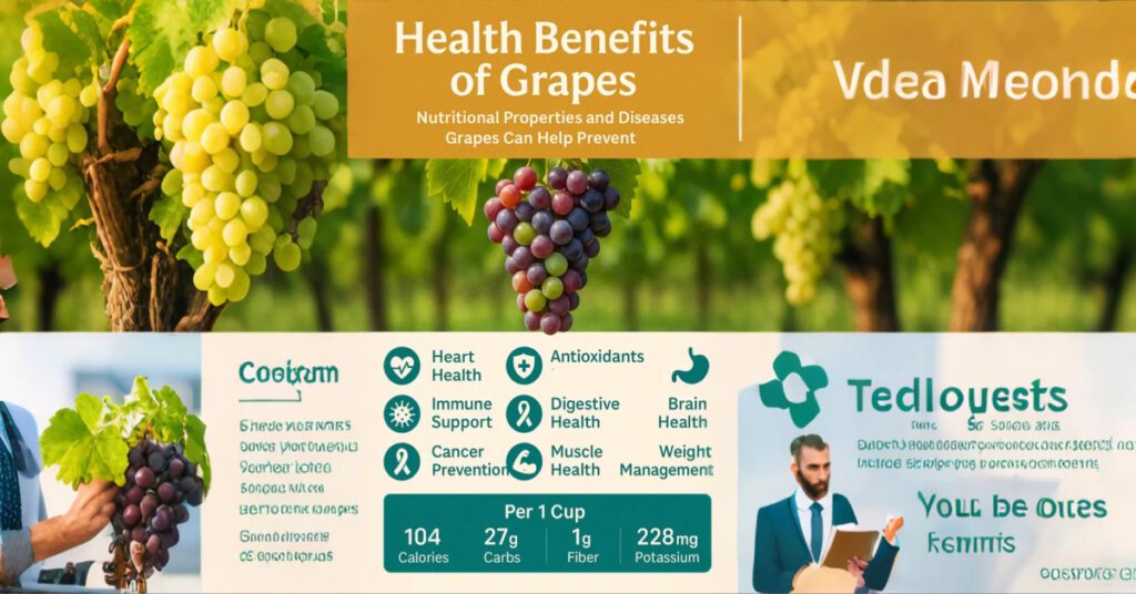 Vineyard cluster of fresh grapes promoting health benefits of grapes