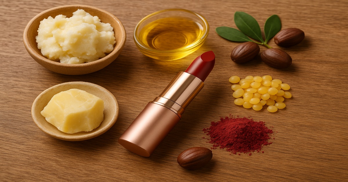 Ingredients in Organic Lipstick banner showing natural oils, butters, and plant pigments.