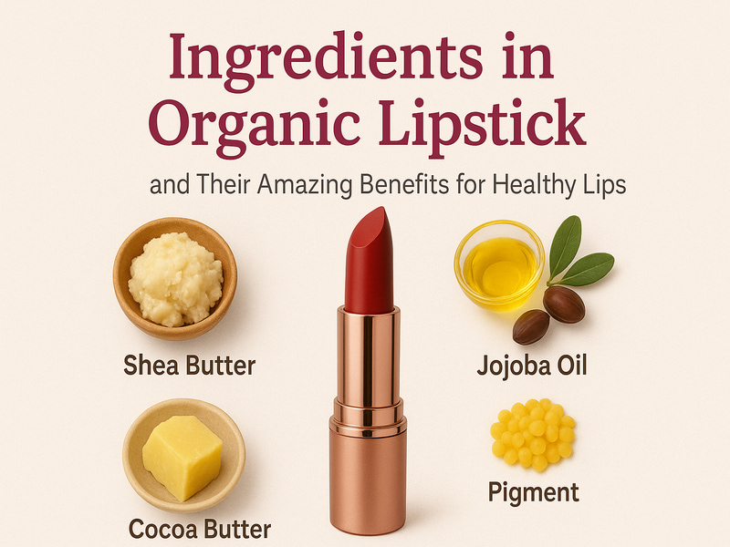 Ingredients in Organic Lipstick content image with shea butter, beeswax, and jojoba oil.