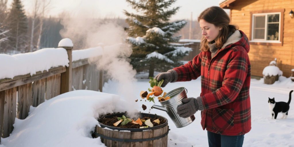 Composting in Canada woman backyard winter