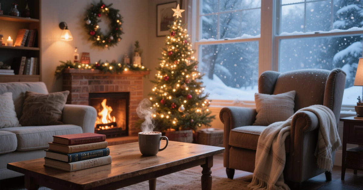 Best Books to Read During Winter Holidays with cozy fireplace and hot chocolate