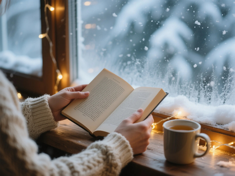 Reading the best books during winter holidays with snow outside and warm lights