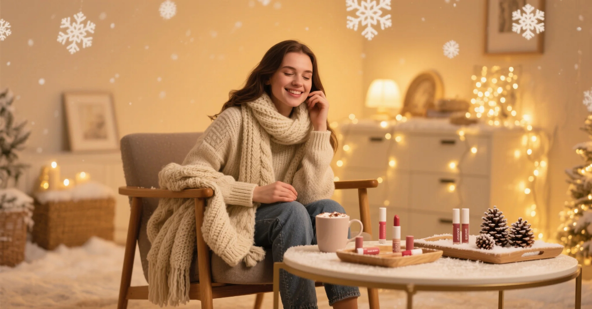 Best Winter Lip Balms flat lay with cozy winter accessories