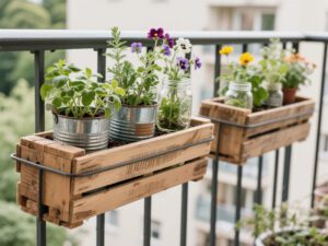 Upcycled Balcony Garden planters with herbs and flowers