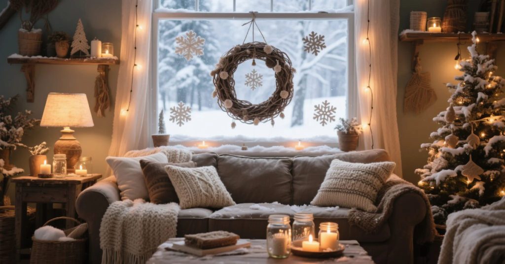 DIY Winter Crafts banner – cozy handmade winter home décor with candles, wreaths, and rustic decorations.
