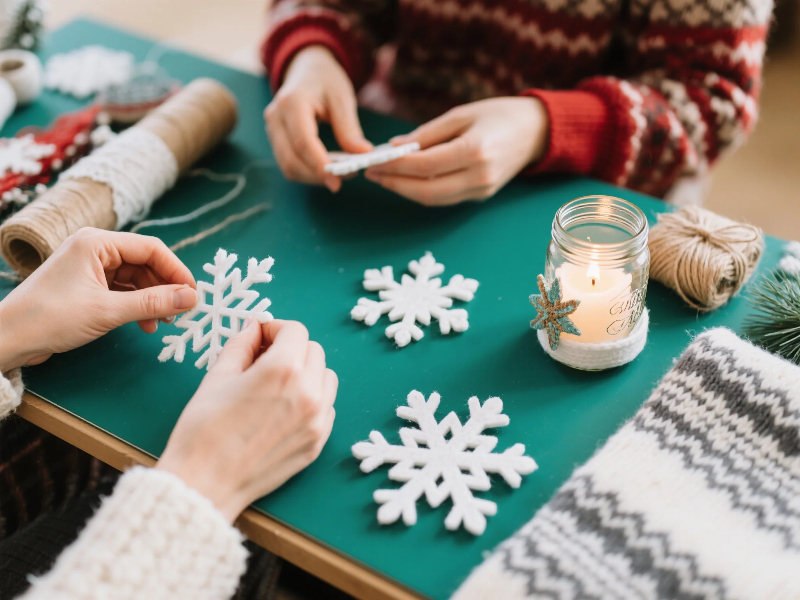 DIY Winter Crafts content image – handmade winter projects with snowflakes, scarves, and candles.