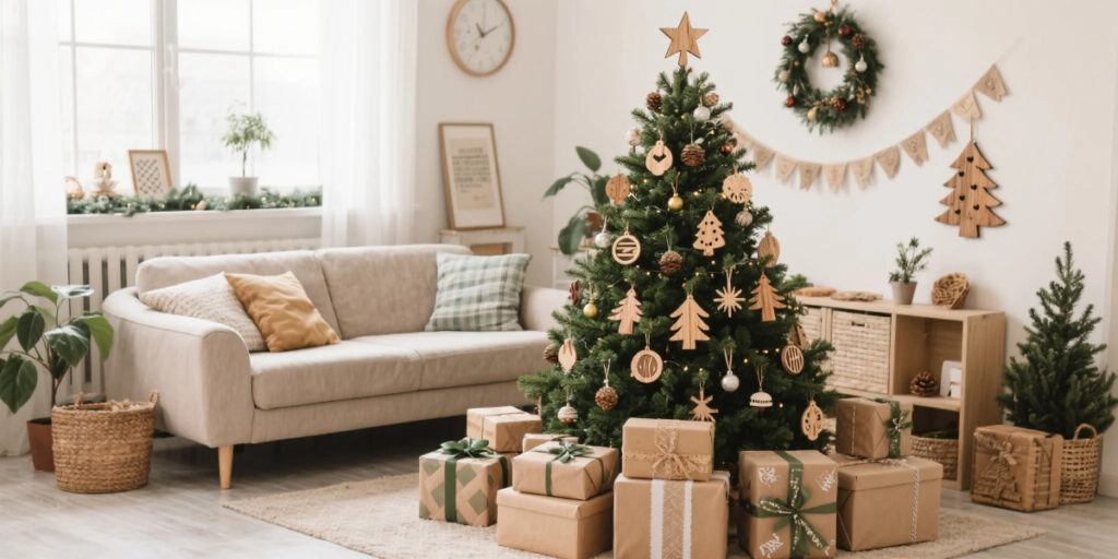 Eco-Friendly Gift Ideas for Christmas 2025 banner showing sustainable holiday presents under a Christmas tree