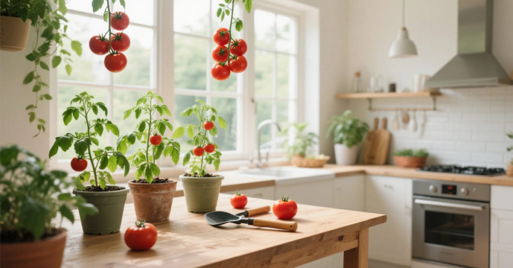 Family learning how to grow tomatoes indoors all year round with LED lights and containers