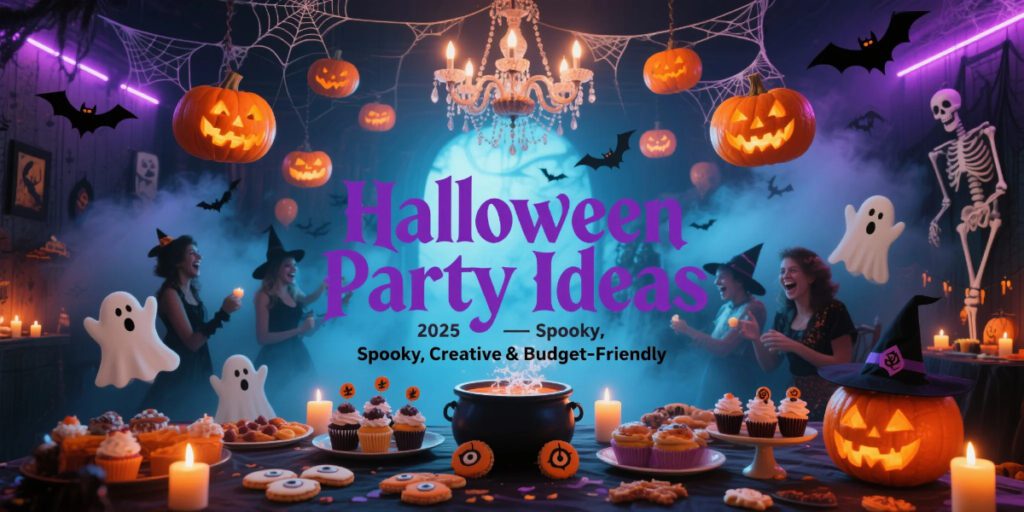 Halloween Party Ideas with spooky decorations, themed food, and costumes