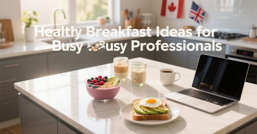 Healthy Breakfast Ideas for Busy Professionals with smoothie bowls, overnight oats, and avocado toast in USA UK Canada kitchen