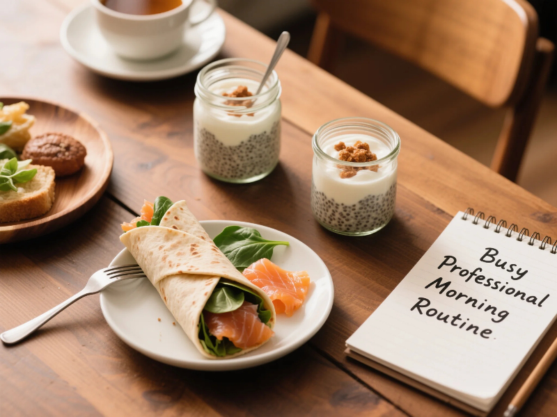 Healthy Breakfast Ideas for Busy Professionals featuring Greek yogurt parfait, chia pudding, whole-grain wrap with smoked salmon