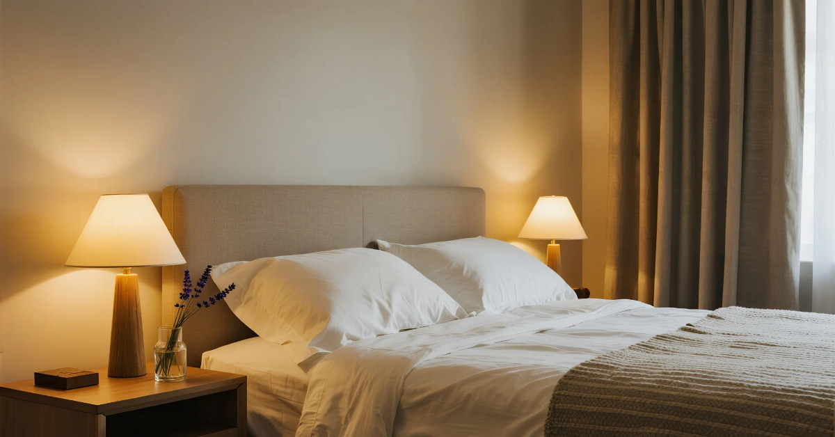 Peaceful bedroom environment for Healthy Sleep with soft lighting and cozy bed”
