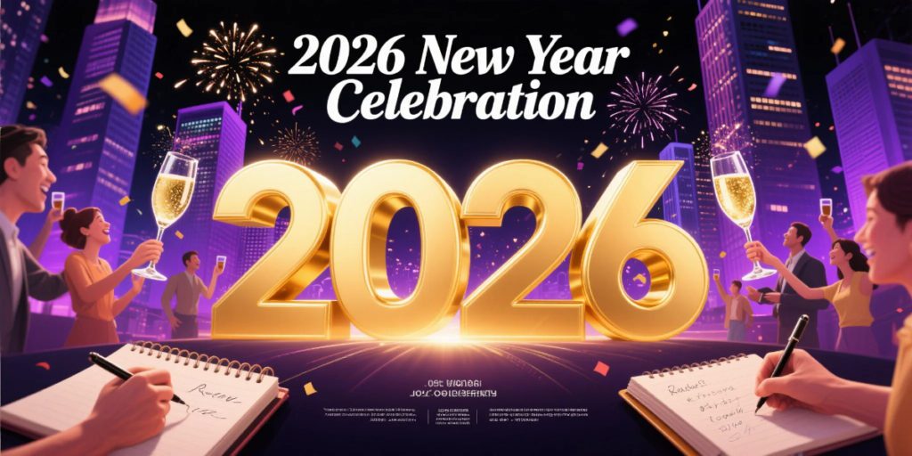 New Year’s Resolution Ideas 2026 festive banner with fireworks and glowing golden numbers