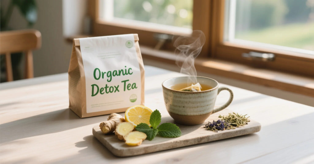 Organic Detox Tea banner with herbs and lemon slices