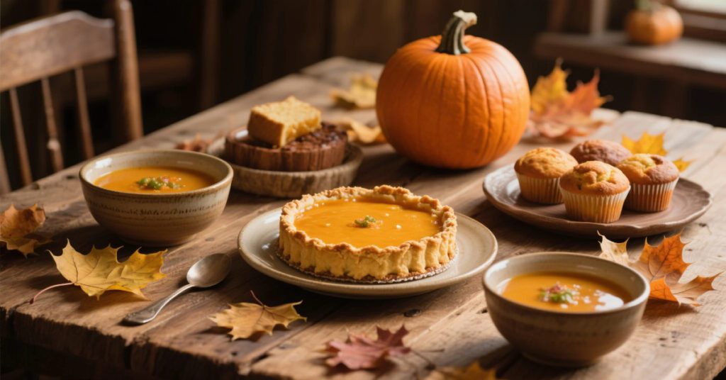 Pumpkin Recipes for Fall with soup, pie, and muffins on rustic autumn table