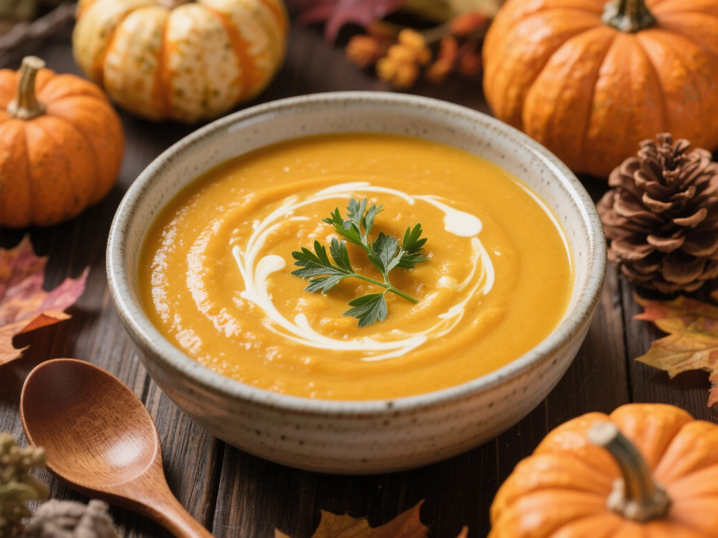 Pumpkin Recipes for Fall with soup, pie, and muffins on rustic autumn table