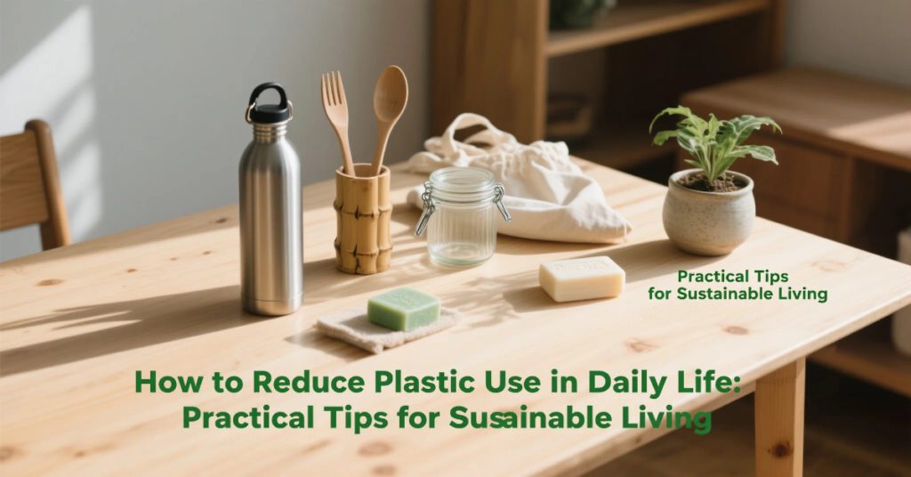 how to reduce plastic use in daily life infographic showing reusable items