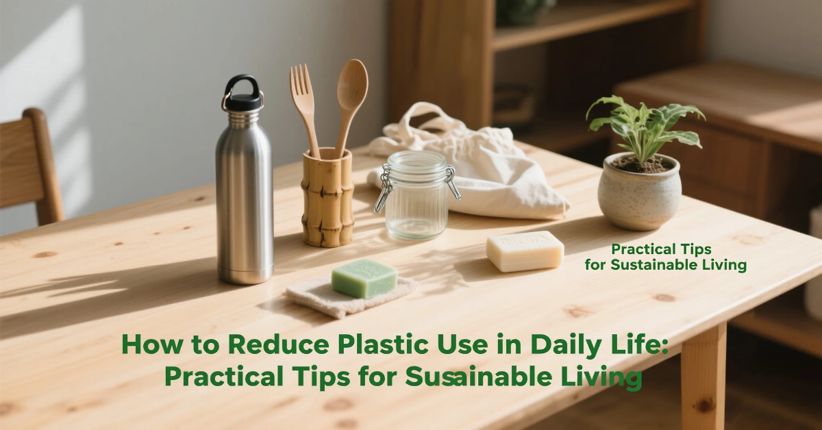 how to reduce plastic use in daily life infographic showing reusable items
