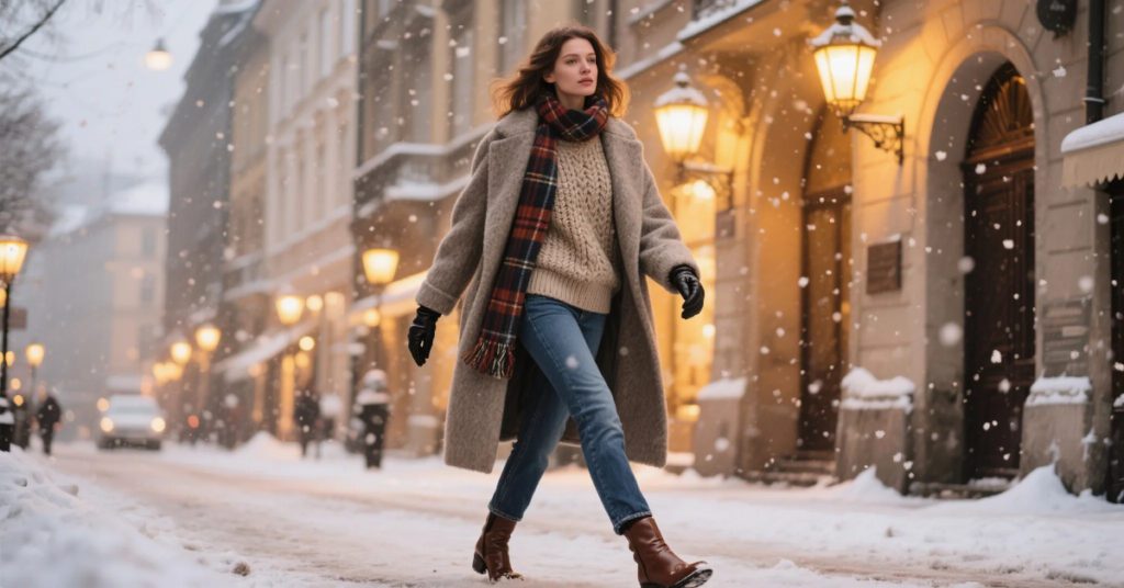 Smart Winter Layering outfit with wool coat, scarf, and boots in a snowy city street.