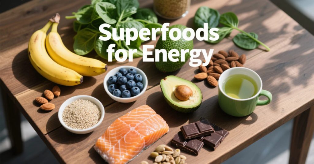Banner showing colorful Superfoods for Energy like spinach, avocado, bananas, blueberries, and quinoa on a wooden background.