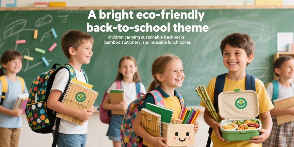 Sustainable Back-to-School banner showing the best supplies for kids in 2026 with eco-friendly backpacks and lunch kits