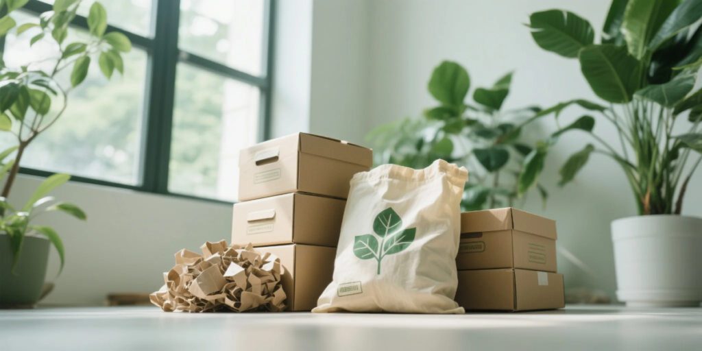 Stylish banner of sustainable packaging for e-commerce brands with eco-friendly boxes and compostable bags