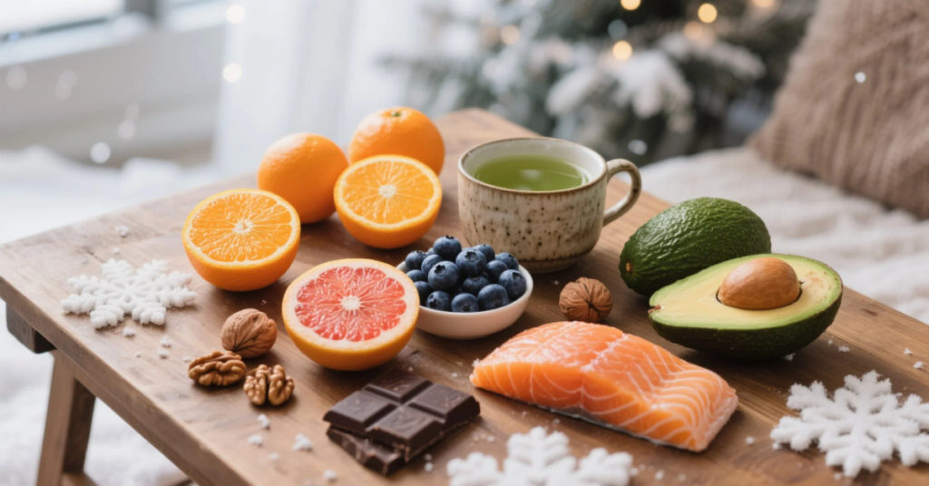 Winter foods for healthy skin like citrus, avocado, salmon, nuts, and berries promote glowing skin in cold weather.