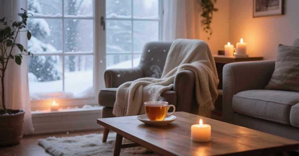Winter Self-Care Ideas cozy living room with candles tea and snow
