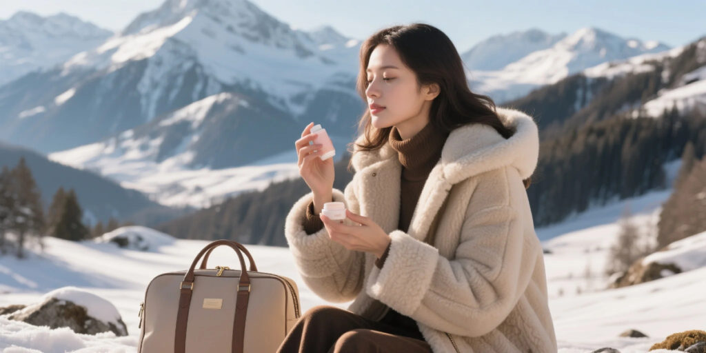 Winter Skincare Travel Tips – woman applying moisturizer while traveling in snowy mountains