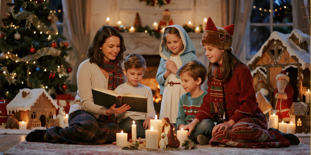 “Kids learning humility from the Birth of Jesus Story in a Christmas setting”