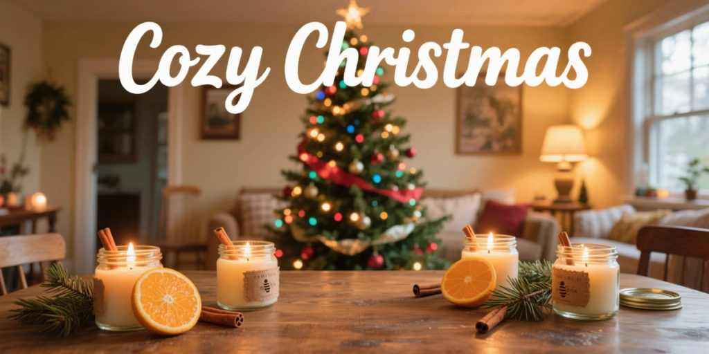 DIY Natural Christmas Candles glowing in an eco-friendly Christmas home.