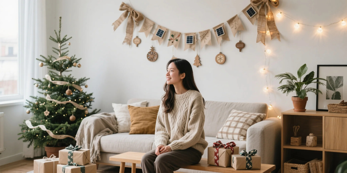 Eco-Friendly Christmas Decorations with handmade ornaments, solar lights, and eco-wrapped gifts