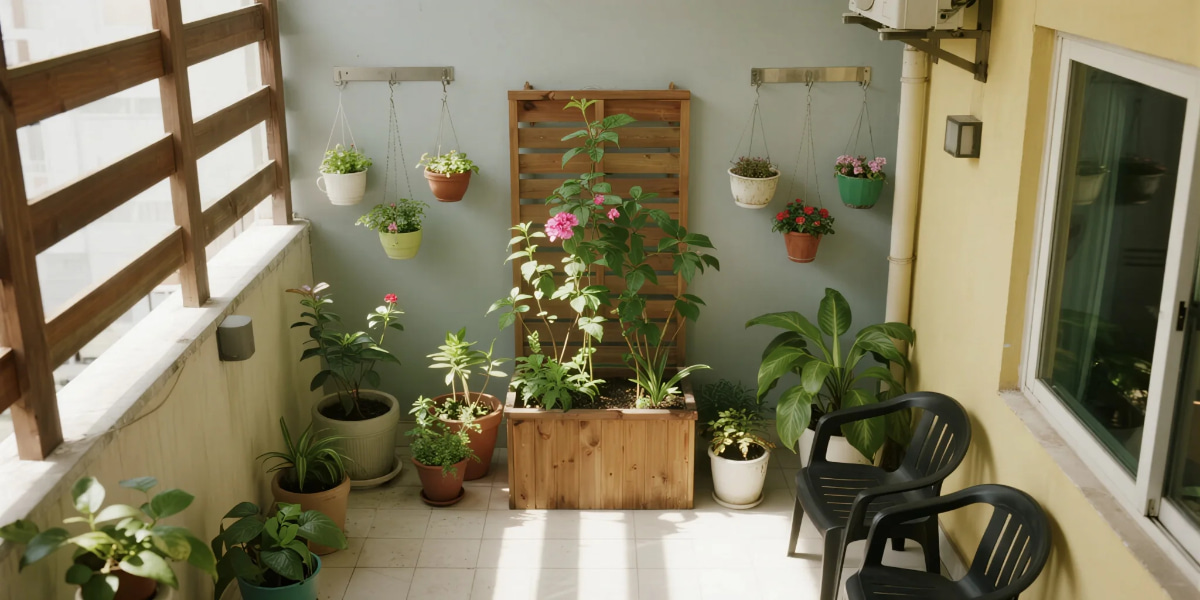 Eco-Friendly Gardening Tips for Small Spaces banner showing balcony vegetable garden